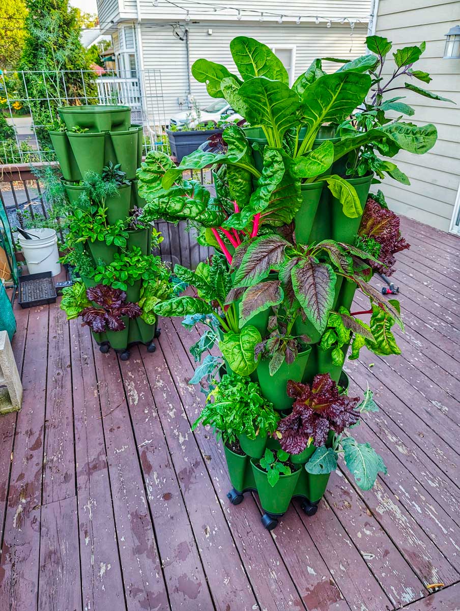 GreenStalk 5-Tier Vertical Planter on a deck filled with plants.