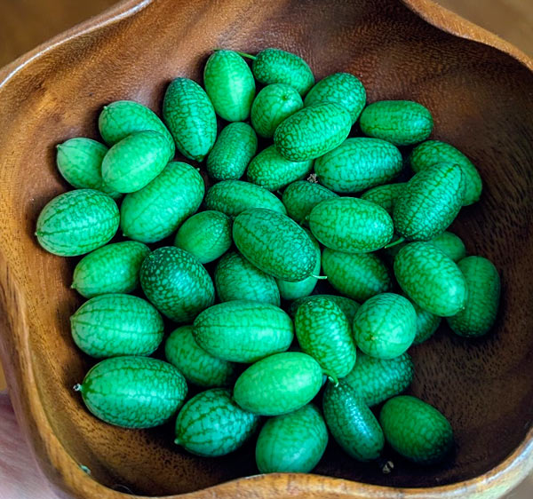 Small cucamelons that look like tiny watermelons.
